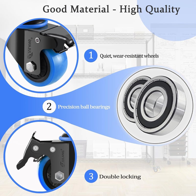 Julang 2 inch Caster Wheels 5/16" Threaded Stem Casters Set of 4 Heavy Duty, Locking & Stem Mount (UNC 5/16" -18 x1 & Weight Capacity 580 lbs) Casters for Wire Shelving, Carts, Furniture.(Blue) - Image 4